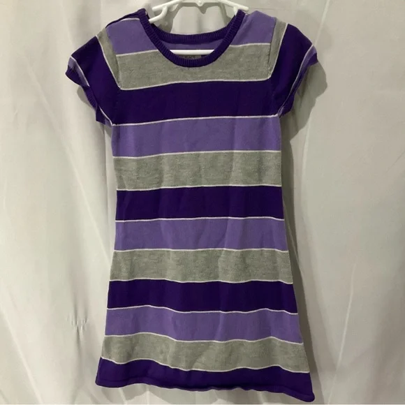 Children’s Place Girls Striped Everyday Short Sleeve Dress Size 5/6 Purple/Grey - Picture 1 of 16